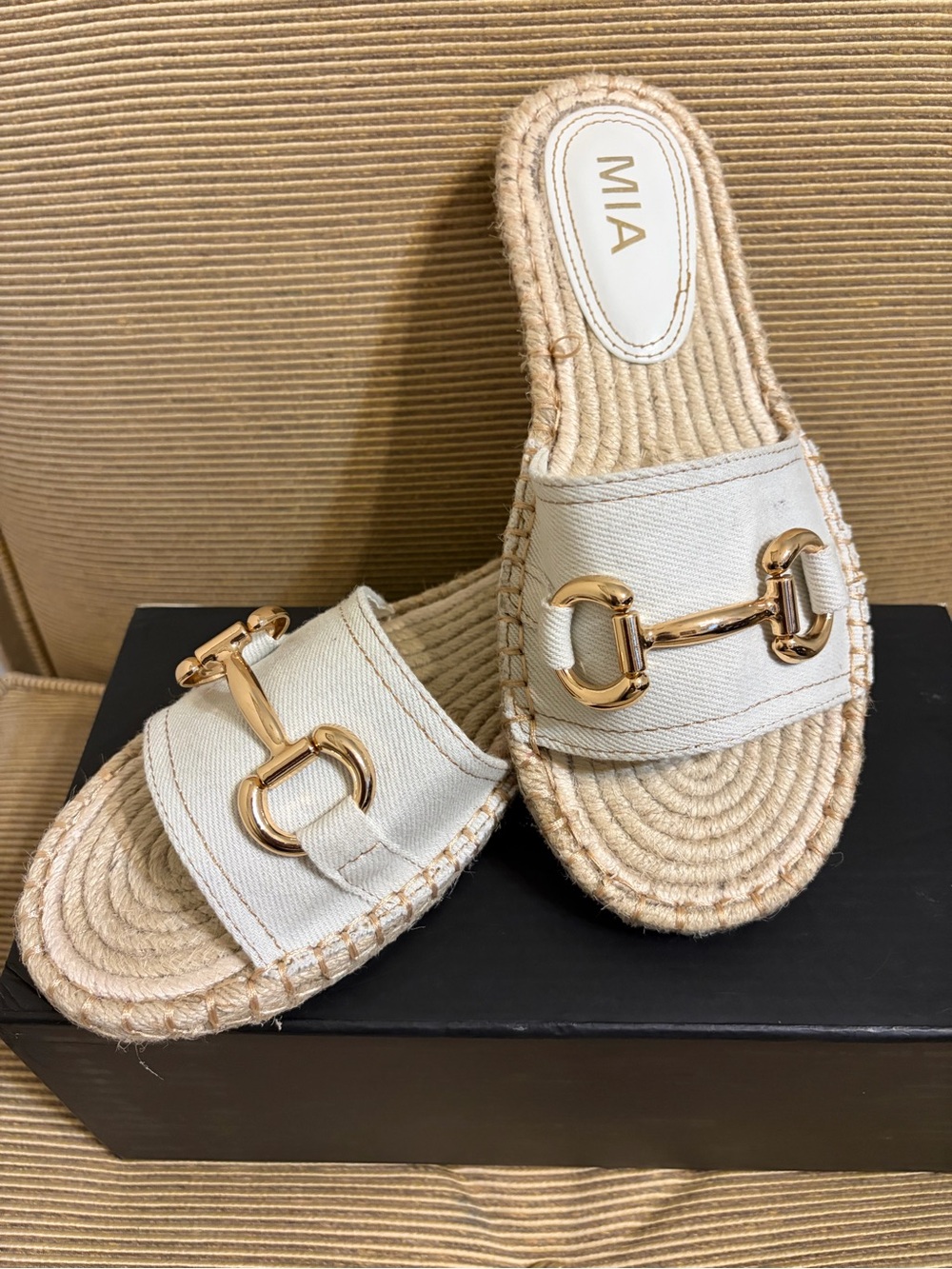 MIA Cadiz Women’s Horsebit Espadrille Flat Slide Sandal in Bone Denim - Size 6.5